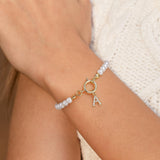 New Fashion Toggle Clasp Initial Bracelet, Women's A-Z Letter Pendant, 6mm Pearl Bracelet for Women