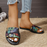 New Fashion Graffiti Print Sandals for Women, Summer Round Toe Low Heel Flat Slippers, Ladies' Slides Casual Beach Shoes