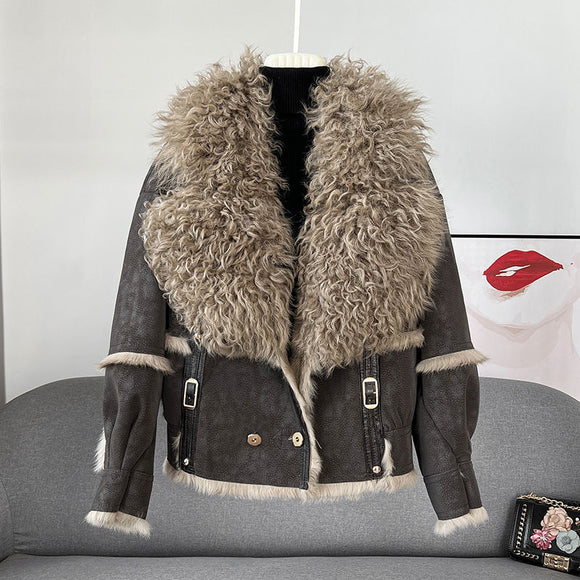 Fur Integrated Short Chic, New Sheepskin Collar Rabbit Fur Warm Coat