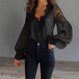 Women’s Lace Patchwork Pleated Shirt with Ruffle Shoulders