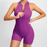 Zippered Yoga Fitness Shorts Jumpsuit, Sleeveless Tummy Control Stretch Shapewear, Butt Lifting Sportswear for Women