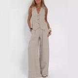 Summer Vest Suits, V-neck Bottom Sleeveless Top and Loose Straight Trousers, Casual Women's Clothing