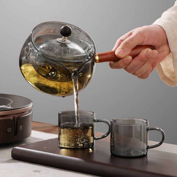 Semi-automatic Rotary Heat-resistant Glass Teapot, Lazy Tea Making with Infuser and Wooden Handle, Office Home Accessories Kitchen Gadgets