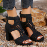 New High Square Heel Hollow Roman Shoes with Back Zipper Design, Summer Fashion Sandals for Women