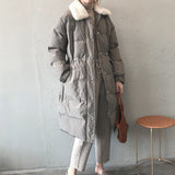 Rabbit Fur Collar, Waist Drawstring, Long Warm Cotton Jacket
