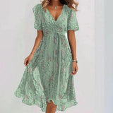Chiffon Printed Short Sleeve Dress, Summer Elegant V-neck Frock, Women's Clothing