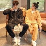 Couples' Autumn Winter Pajama Set, Thick Coral Fleece, K-fashion - Zippered Top and Matching Bottoms