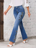 Women's Fashionable Stretch, Floral Embroidered Flared Jeans