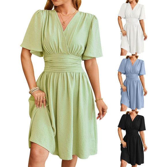 V-neck Short-sleeved Dress, Fashion Bell-sleeved Skirt for Women