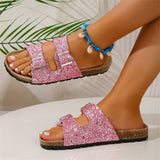 Double Buckle Sandals for Women, New Fashion Sequined Beach Shoes, Summer Leisure Outdoor Slippers Slides