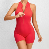 Zippered Yoga Fitness Shorts Jumpsuit, Sleeveless Tummy Control Stretch Shapewear, Butt Lifting Sportswear for Women