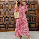 Summer Women's Vintage Printed Bohemian Dress, Elegant Ladies- Casual Loose V-neck Short Sleeve Long Gown