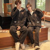 Couples' Autumn Winter Pajama Set, Thick Coral Fleece, K-fashion - Zippered Top and Matching Bottoms