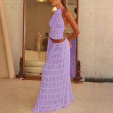 2 Pcs Women's Dress Suit, Sexy Sleeveless Backless Cropped Halter Top and Pleated Long Gown