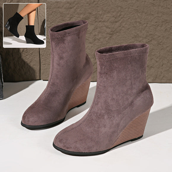 Fashion Thick-soled Boots, Winter Suede Height-increasing Warm Solid Ankle Wedges