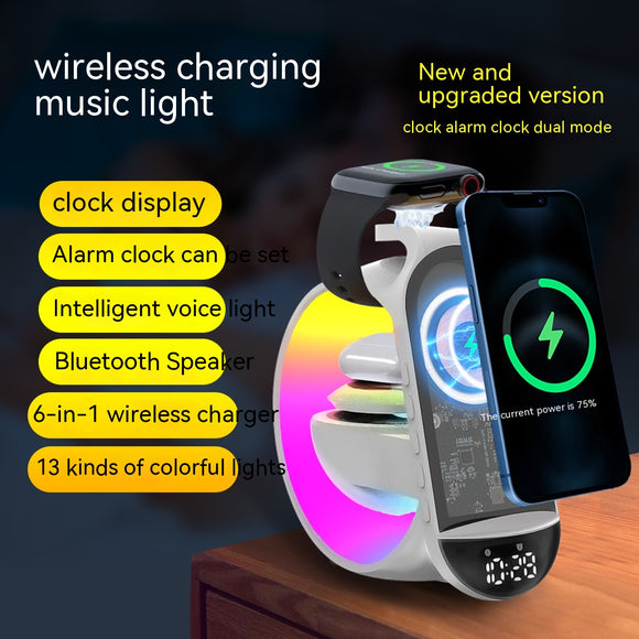 A Bluetooth Speaker, Six-in-one Wireless Charger, Large-G Ambience Light, Microphone Audio Alarm Clock