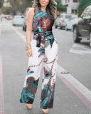 Hanging Peacock Feather Printed Holiday Style Jumpsuit