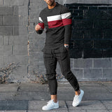 Men's Sports and Leisure Suit Pullover Round Neck Long Sleeves Striped Sweater Two Pieces Suit