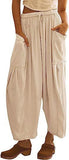 Stretched-waist Pleated High-waisted Wide-leg, Loose Casual, Cotton and Linen Long Pants