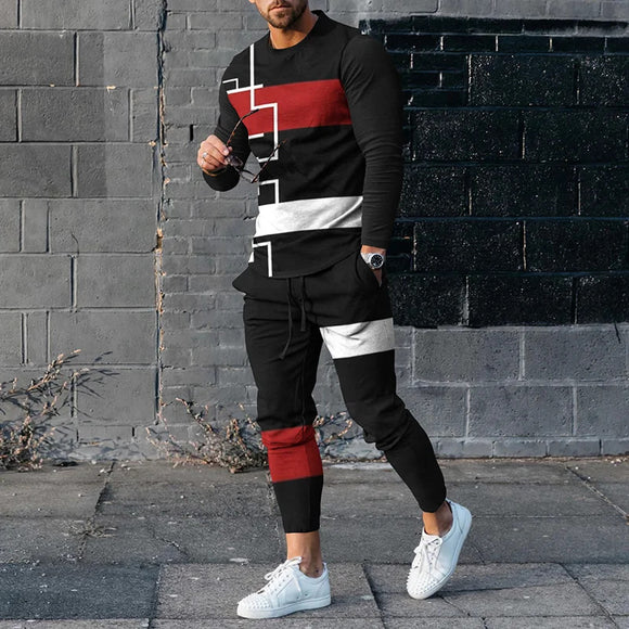 Men's Sports and Leisure Suit Pullover Round Neck Long Sleeves Striped Sweater Two Pieces Suit