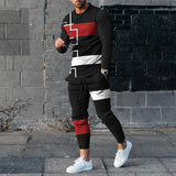 Men's Sports and Leisure Suit Pullover Round Neck Long Sleeves Striped Sweater Two Pieces Suit
