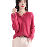 Fashion Merino Wool Cardigan Sweater, Women's O-neck Long-sleeve Cashmere Knitwear, Spring Autumn Female Clothing Tops