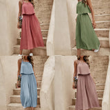 Women's Summer Solid Color Vacation Loose Suit, Backless Strap Thin Romper Streetwear, INS One-piece Outfit Beach Style, Striped Wide Leg Trousers Casual Dress