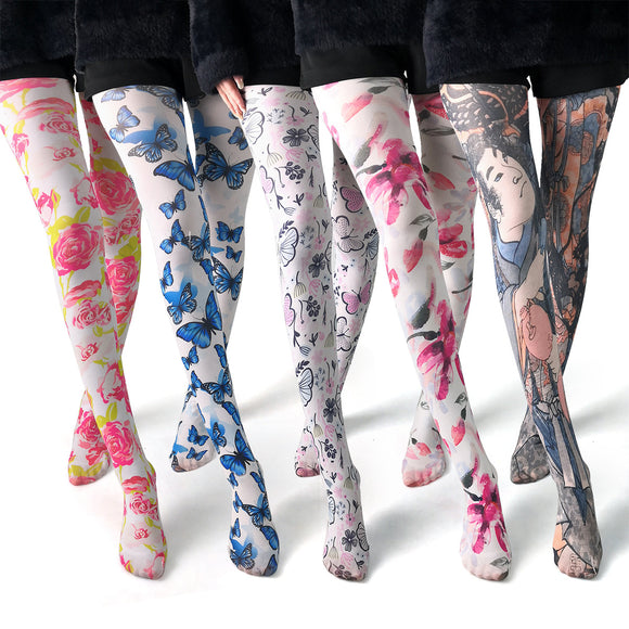 Thin Printed Pantyhose, Abstract Retro Stockings