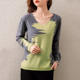 Women's Loose V-neck Short Pullover, Colorblock Sweater