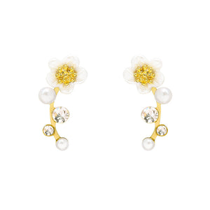 Silver Needle Petal and Pearl Earrings
