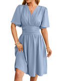 V-neck Short-sleeved Dress, Fashion Bell-sleeved Skirt for Women