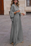Women’s V-neck Batwing Sleeve Long Dress – Loose Fit Waist Tie Elegant Outfit