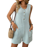 Summer Round Neck Casual Sleeveless Solid Color Short Jumpsuit with Pockets, Women's Turtle Neck Holiday Beach Shorts