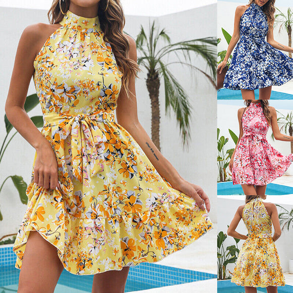 New Flowers Print Halterneck Dress, Summer Fashion Temperament Lace-up Ruffled Frock for Women