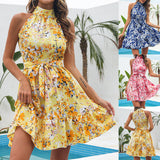 New Flowers Print Halterneck Dress, Summer Fashion Temperament Lace-up Ruffled Frock for Women
