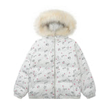Winter New Cute Full Printed Fur Collar Hood Cotton Jacket