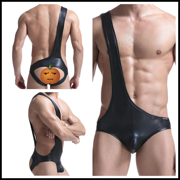 Men's Faux Leather, PU Bib Back Pants, Corset Underwear
