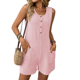 Summer Round Neck Casual Sleeveless Solid Color Short Jumpsuit with Pockets, Women's Turtle Neck Holiday Beach Shorts