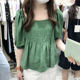 Short Shirt with Square Neck Pleated Temperament