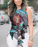 Hanging Peacock Feather Printed Holiday Style Jumpsuit