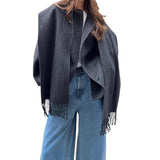 Wool-blend Coat with Striped Tassel Scarf Collar