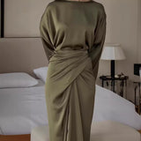 Batwing Sleeve Belted Solid Color Gown – Elegant Loose Fit Women’s Dress