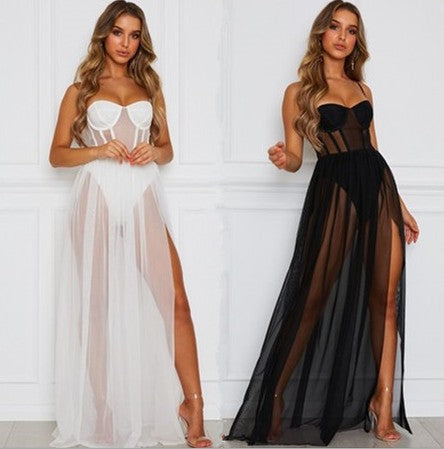 Women's Pure Color, Mesh Long Dress