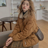 Loose Rhombus Bread Coat, Stitching Fur Collar Warm Thickened Cotton-padded Jacket for Women
