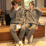 Couples' Autumn Winter Pajama Set, Thick Coral Fleece, K-fashion - Zippered Top and Matching Bottoms