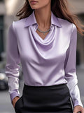 Women’s Satin Draped Swing Collar Blouse – Elegant Solid Long-sleeve Office Top for Spring