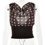 Polka Dots Print Oblique Shoulder Tops, Summer Patchwork Chiffon Women's Sleeveless Lace-up Backless Blouse, Casual Streetwear Tee