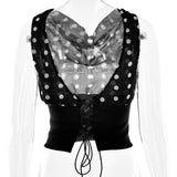 Polka Dots Print Oblique Shoulder Tops, Summer Patchwork Chiffon Women's Sleeveless Lace-up Backless Blouse, Casual Streetwear Tee