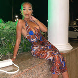Fashion Printed, Lace Up Sexy Halter, Midi Skirt
