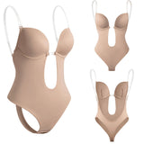 Deep V-neck Body Shaper, Backless U-plunge Thong, Waist Trainer, Clear Strap Padded Corset